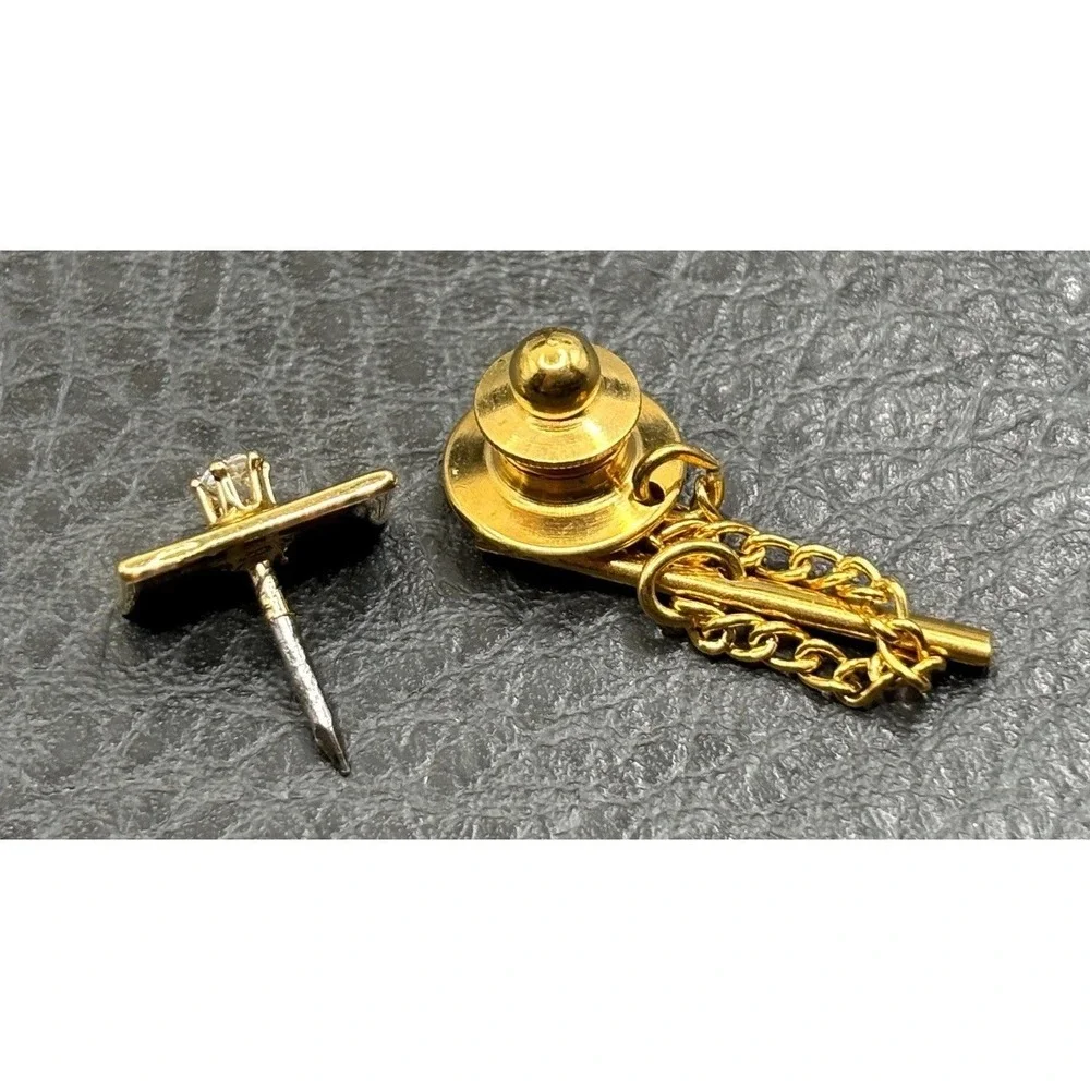 Vintage Men's Tie Tack Rectangle Bar Clear Cubic Zirconia Lapel Pin Gold Tone